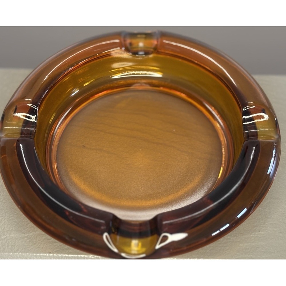 Vintage Amber Glass Ashtray Heavy 4 Slots Round MCM 6" Cigars Cigarettes